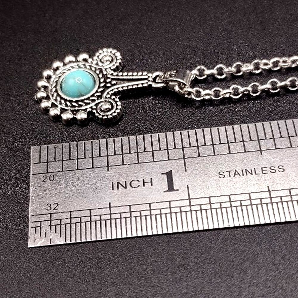 925 Silver Necklace W/ Turquoise Teardrop Floral Vine Boho Pattern Woman's Gift